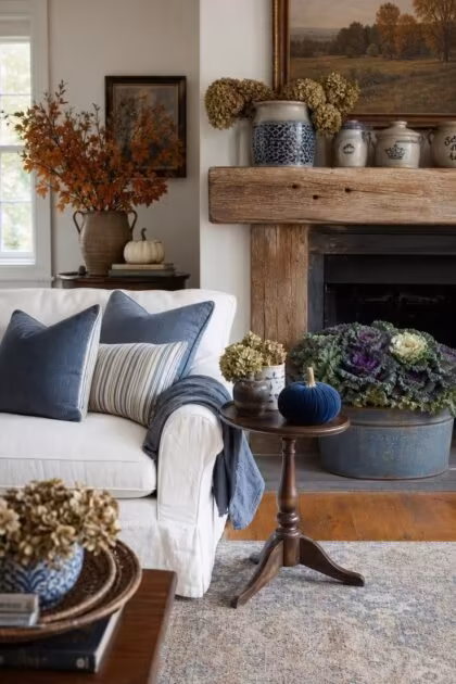 11 Cozy Blue and White Fall Decor Ideas for Warmth A living room styled with blue and white fall decor including blue pumpkins, spongeware crocks with dried hydrangeas, slate blue pillows, and a galvanized trough with ornamental kale.