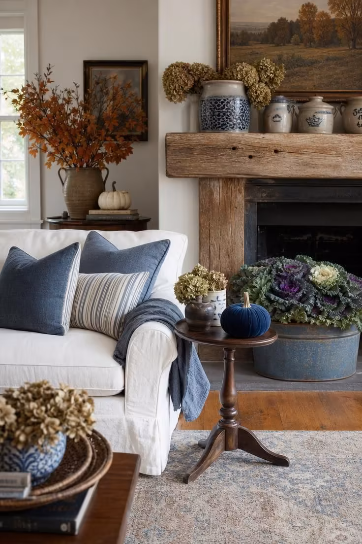 Simple Spaces 19 A living room styled with blue and white fall decor including blue pumpkins, spongeware crocks with dried hydrangeas, slate blue pillows, and a galvanized trough with ornamental kale.