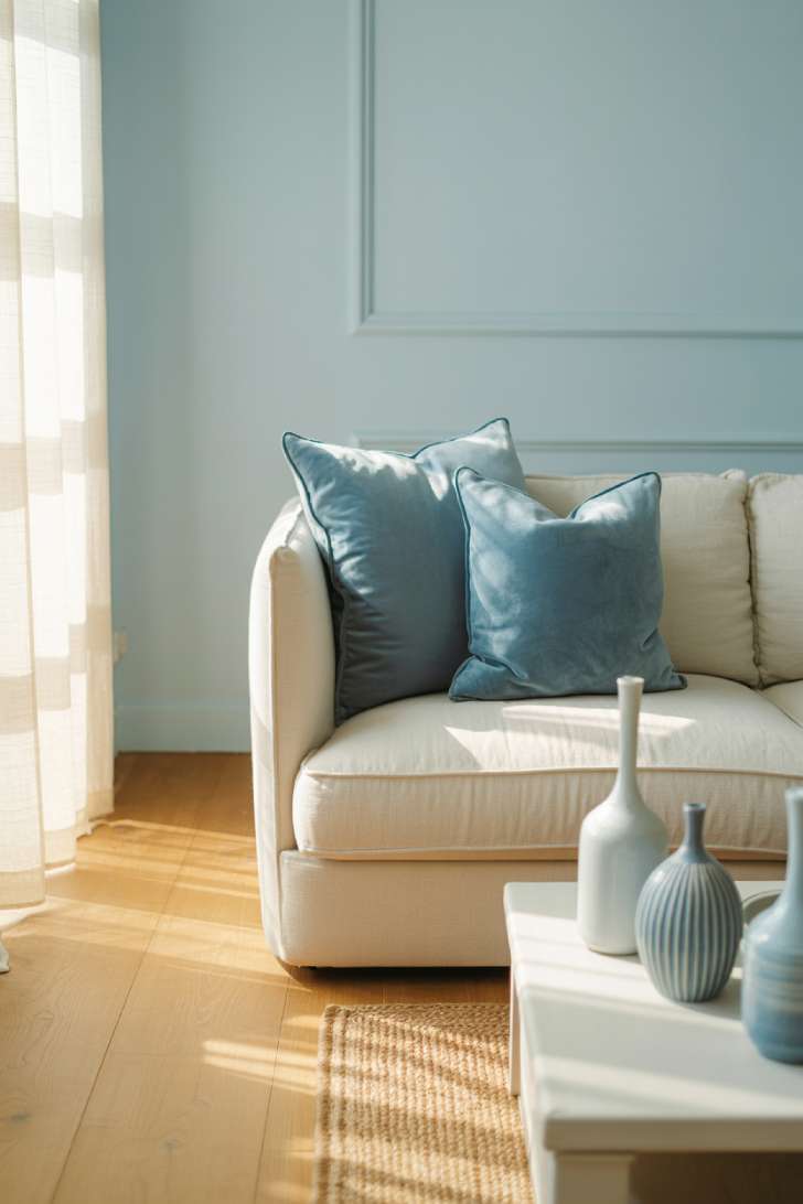 31 Fresh Blue and White Living Room Ideas That Inspire 1 Powder blue living room with cream sofa and natural light