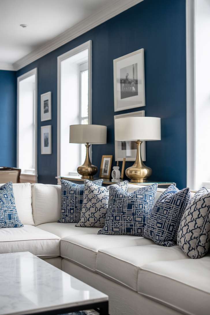 31 Fresh Blue and White Living Room Ideas That Inspire 2 Navy accent wall behind white sectional sofa with brass accents
