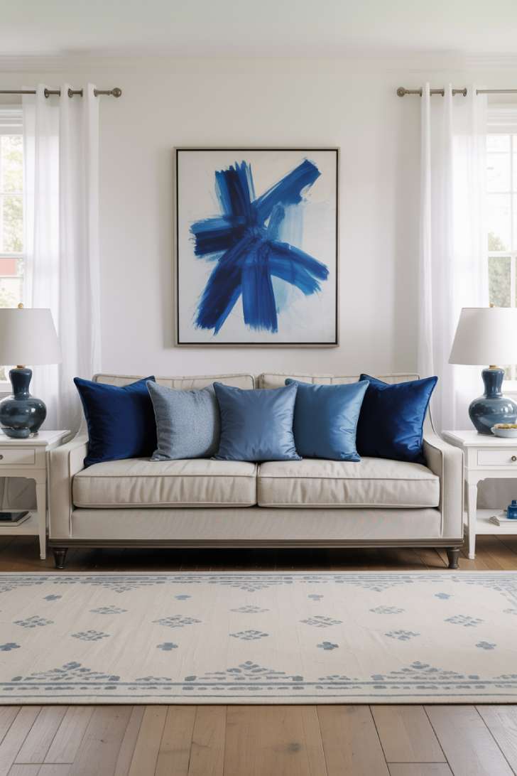 31 Fresh Blue and White Living Room Ideas That Inspire 5 White-walled living room with blue accessories and artwork