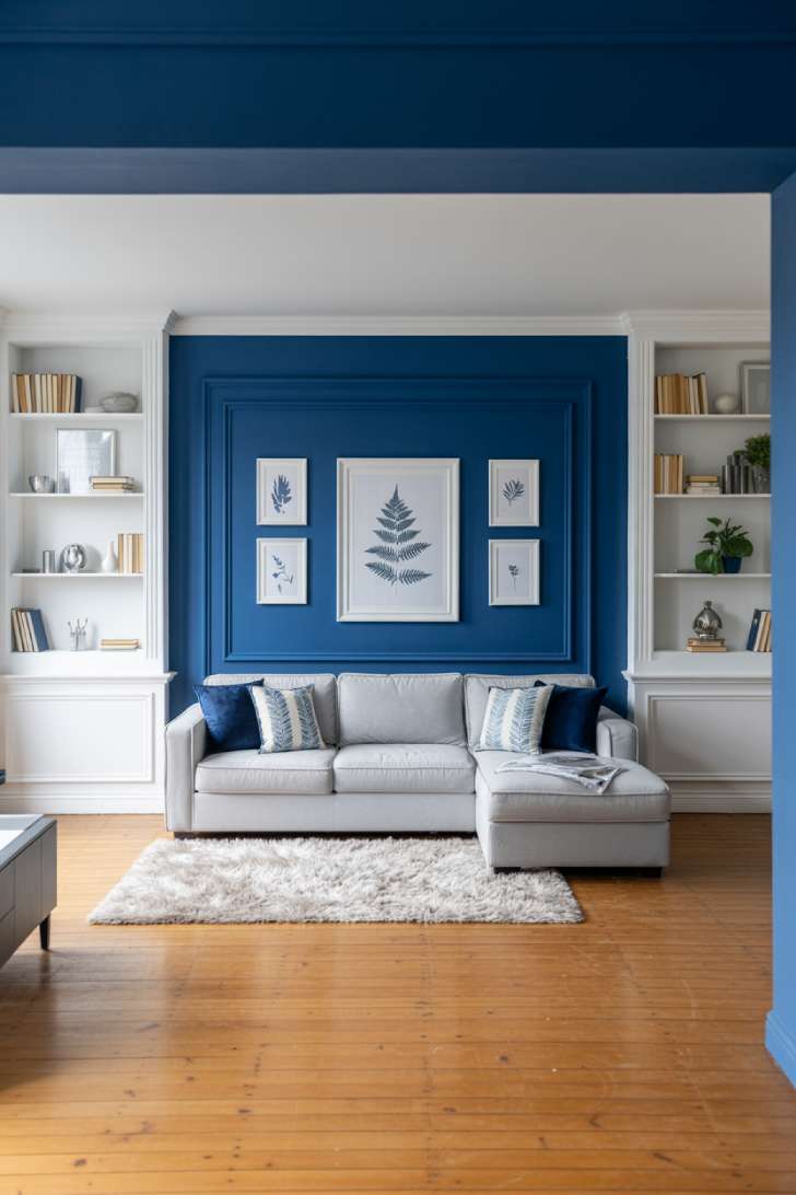 31 Fresh Blue and White Living Room Ideas That Inspire 6 Deep navy accent wall with white-framed botanical prints