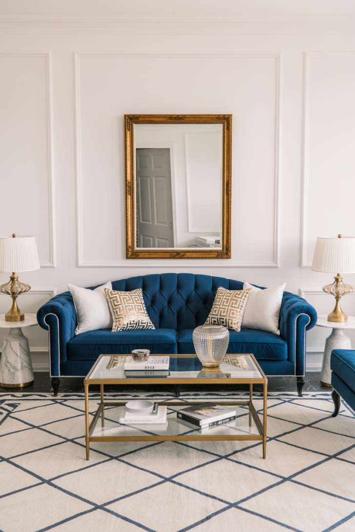 31 Fresh Blue and White Living Room Ideas That Inspire 8 Navy blue velvet tufted sofa with brass and gold accents