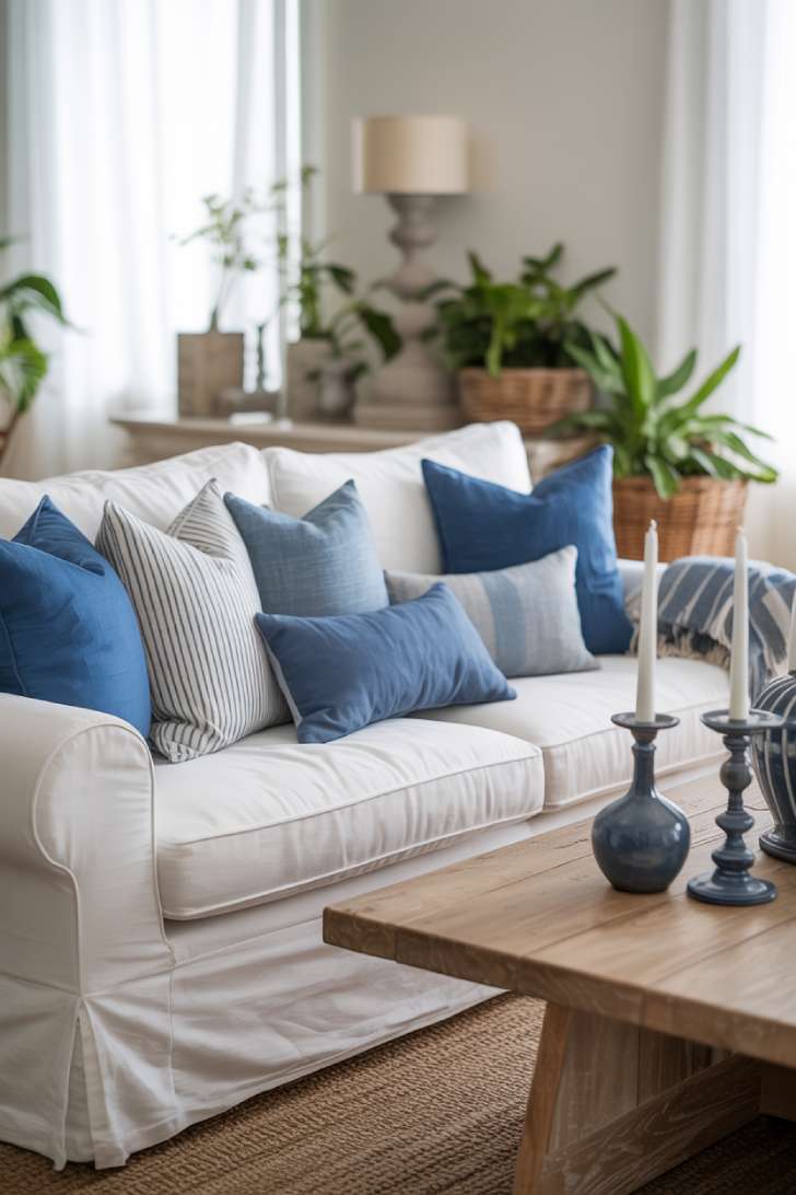 31 Fresh Blue and White Living Room Ideas That Inspire 9 White slipcovered sofa with blue throw pillows and natural wood table