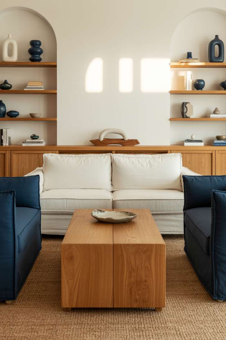 31 Fresh Blue and White Living Room Ideas That Inspire 10 Light oak coffee table anchoring white sofa and navy chairs