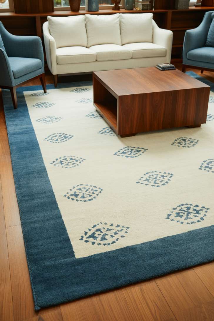 31 Fresh Blue and White Living Room Ideas That Inspire 12 Navy and white geometric area rug defining a seating area