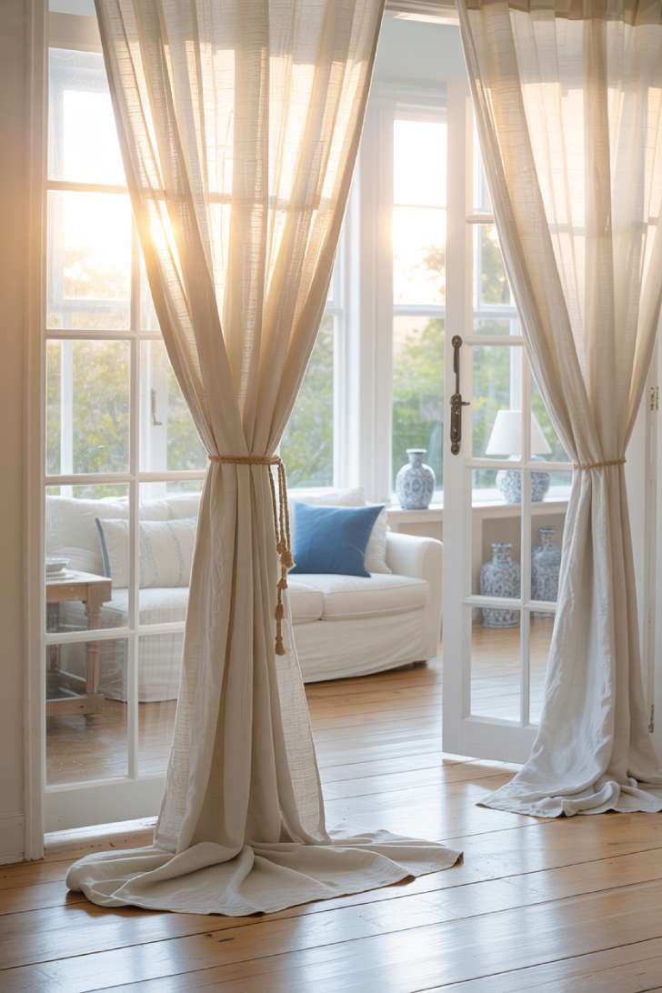31 Fresh Blue and White Living Room Ideas That Inspire 13 Floor-to-ceiling white linen curtains in a bright living room