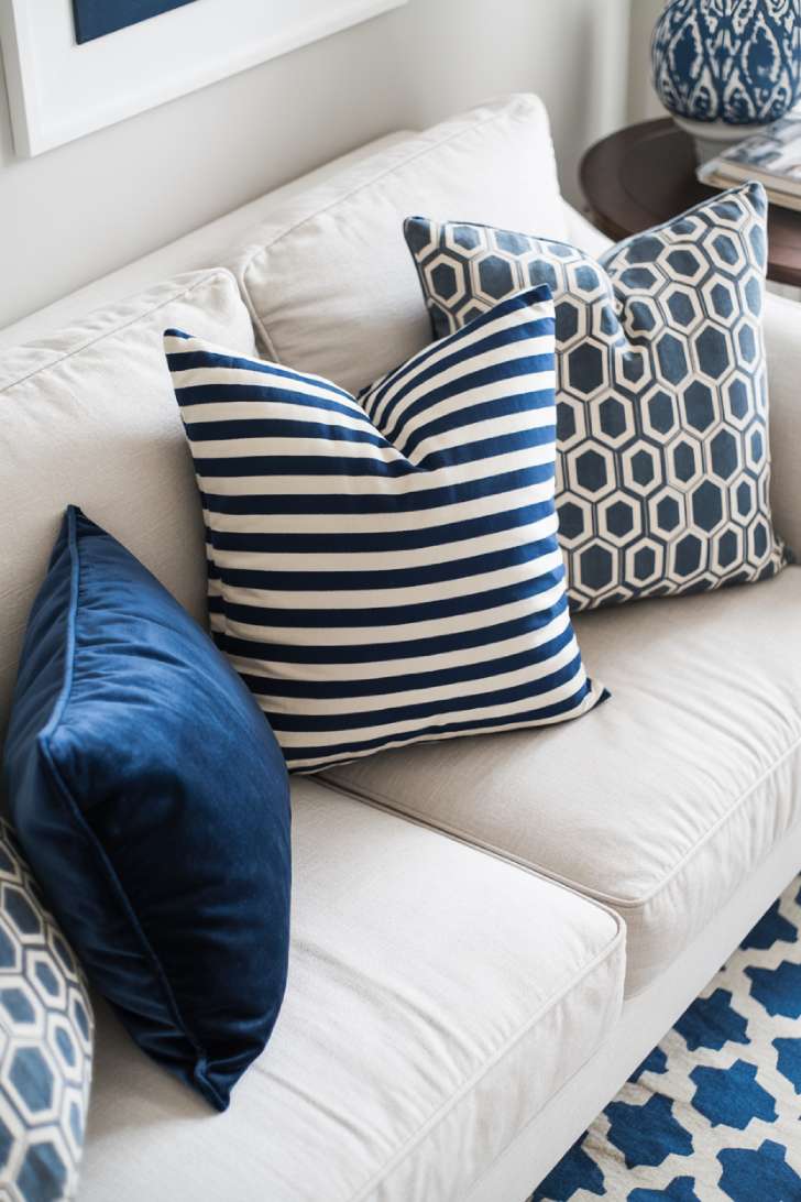 31 Fresh Blue and White Living Room Ideas That Inspire 15 Mixed blue and white patterns, including stripes and geometric hexagons