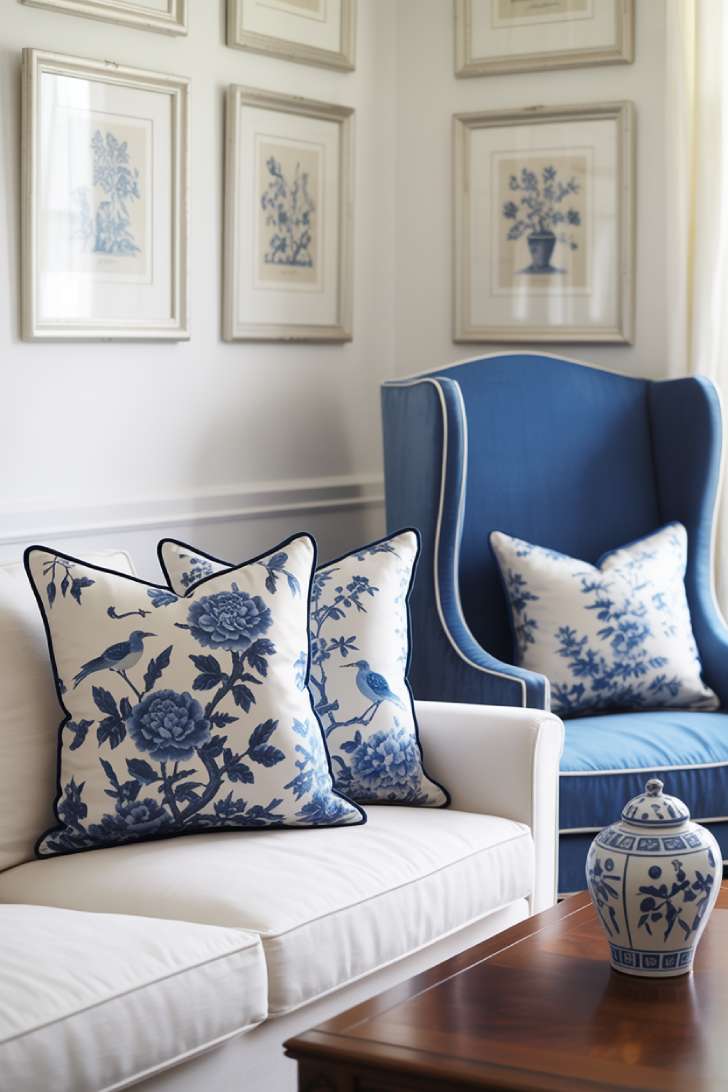 31 Fresh Blue and White Living Room Ideas That Inspire 16 Blue and white floral chinoiserie pillows with botanical prints