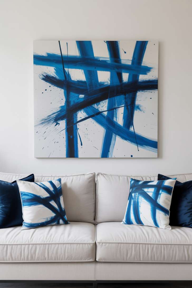 31 Fresh Blue and White Living Room Ideas That Inspire 17 Large abstract blue and white artwork above a contemporary white sofa