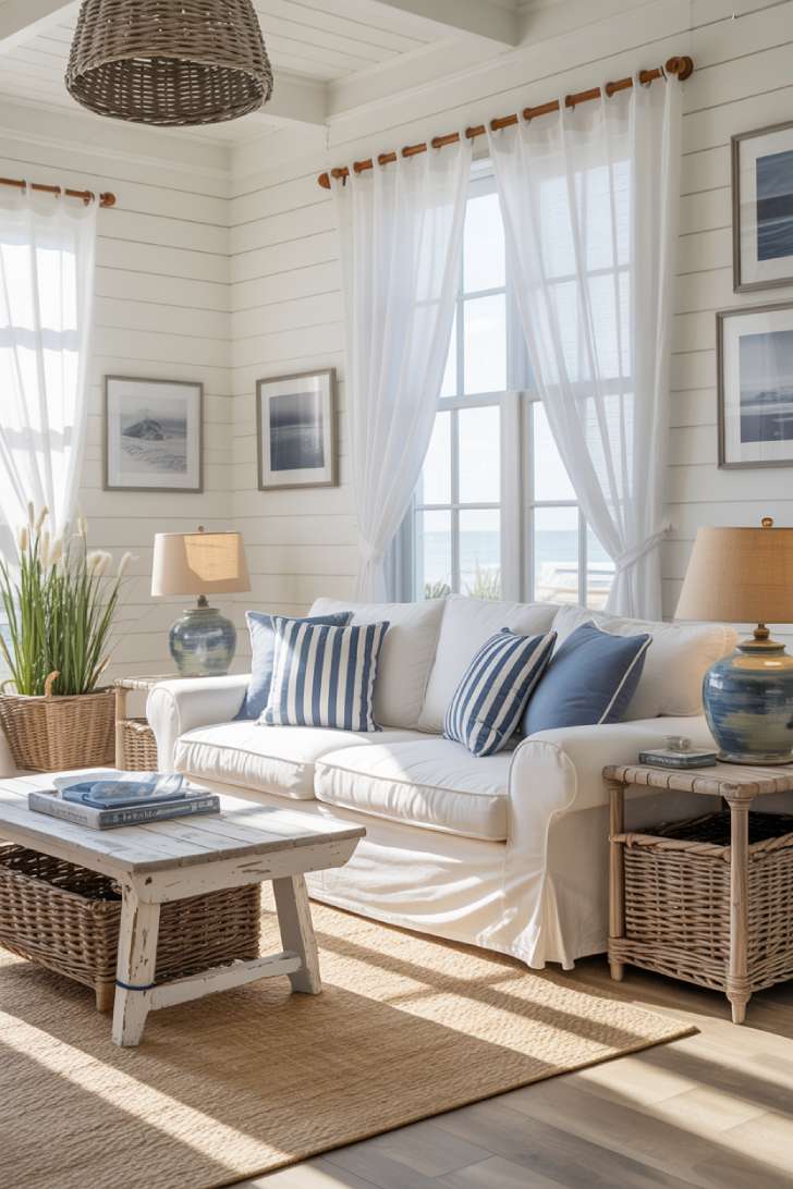 31 Fresh Blue and White Living Room Ideas That Inspire 18 Coastal living room with white shiplap and ocean-inspired decor