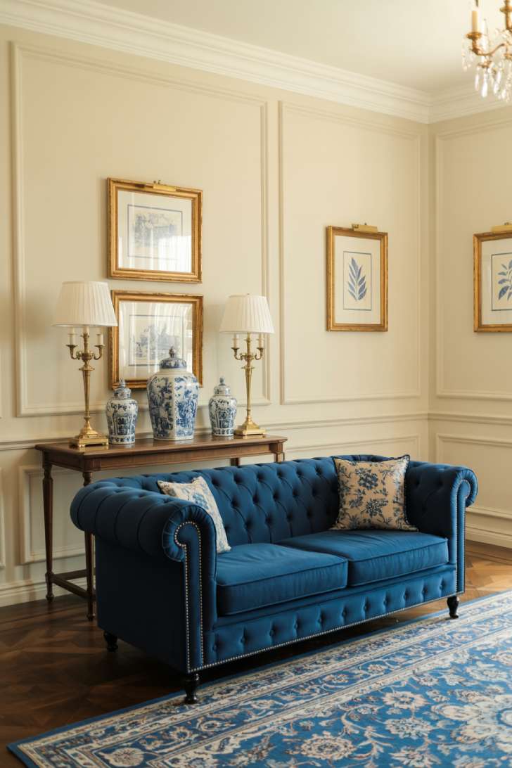 31 Fresh Blue and White Living Room Ideas That Inspire 19 Traditional living room with navy velvet Chesterfield sofa and brass accents