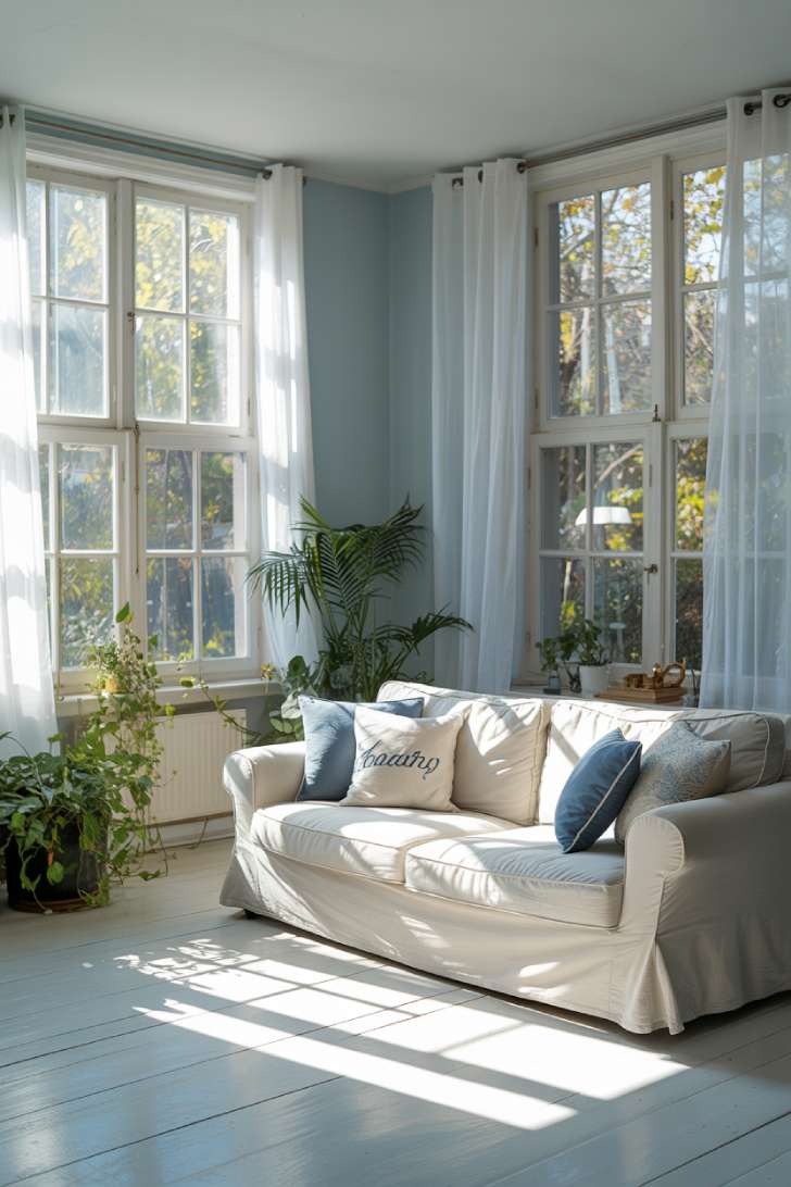 31 Fresh Blue and White Living Room Ideas That Inspire 22 Sun-filled living room with sheer curtains and abundant natural light