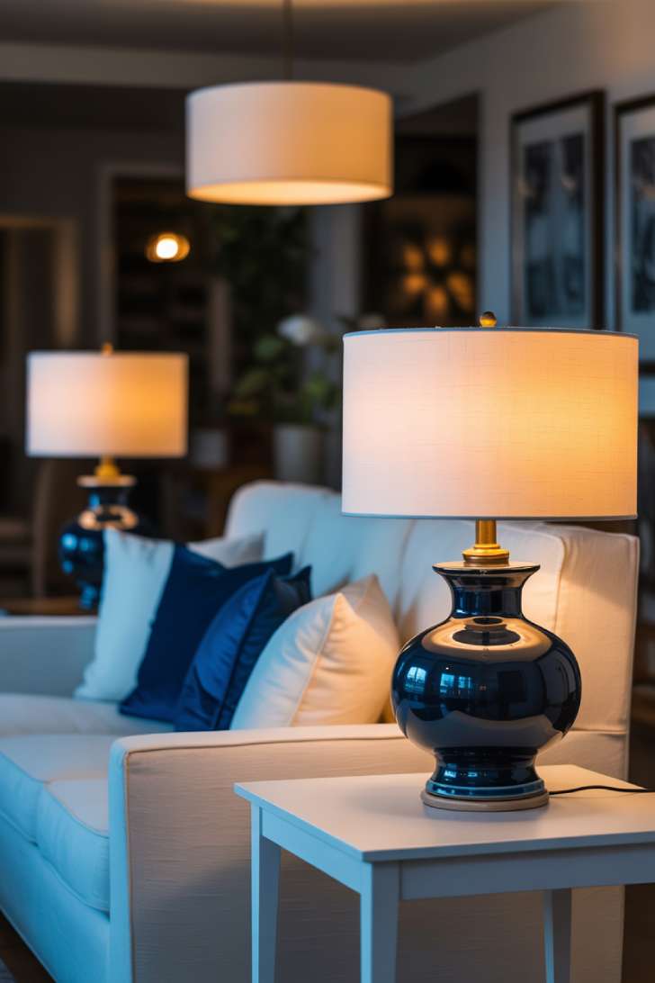 31 Fresh Blue and White Living Room Ideas That Inspire 23 Evening living room with layered lighting from multiple sources