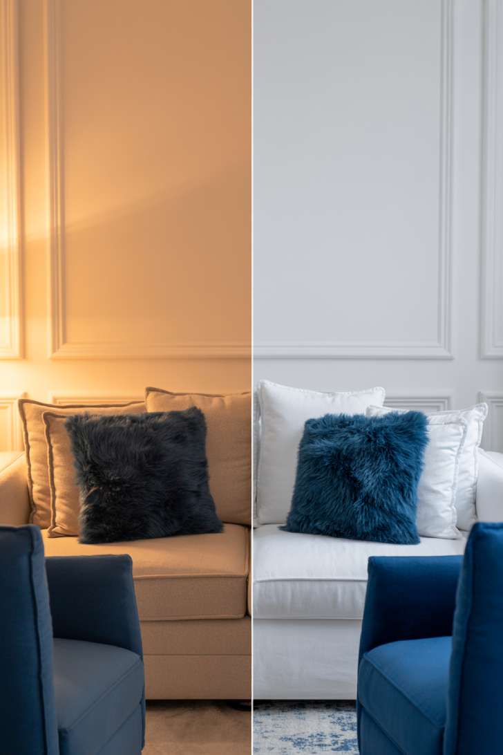 31 Fresh Blue and White Living Room Ideas That Inspire 24 Comparison showing warm versus cool lighting in the same blue and white room