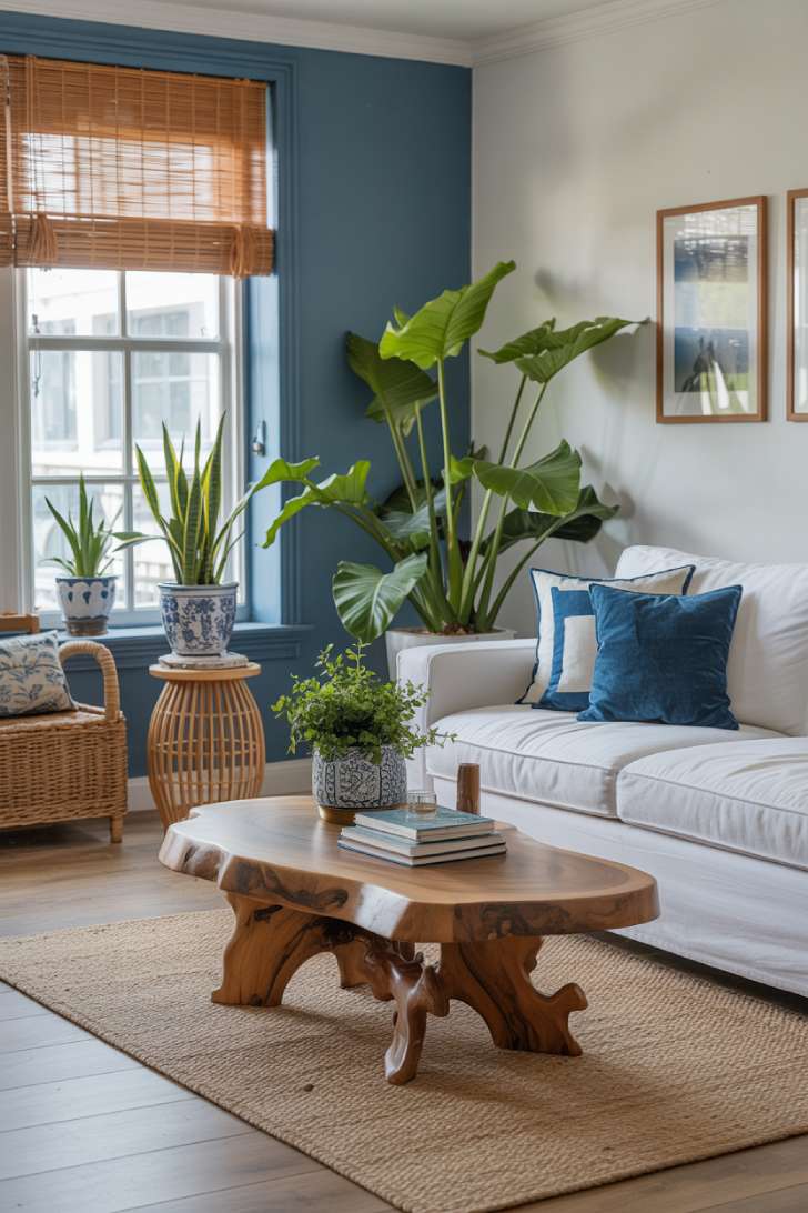 31 Fresh Blue and White Living Room Ideas That Inspire 26 Blue and white living room with a wood coffee table and green plants