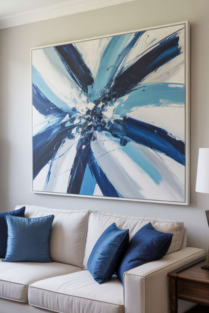 31 Fresh Blue and White Living Room Ideas That Inspire 28 Large abstract blue and white painting above a white sofa