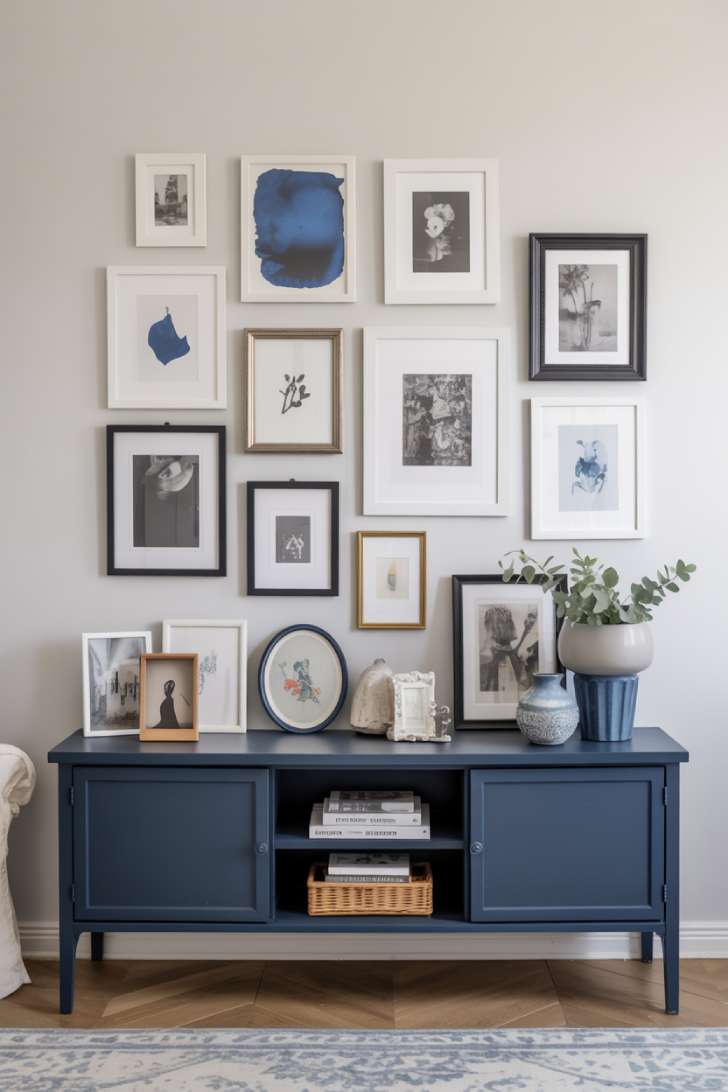 31 Fresh Blue and White Living Room Ideas That Inspire 29 Gallery wall with blue and white art in mixed frame styles