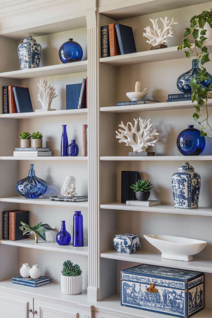 31 Fresh Blue and White Living Room Ideas That Inspire 30 White built-in bookcase styled with blue and white decorative objects