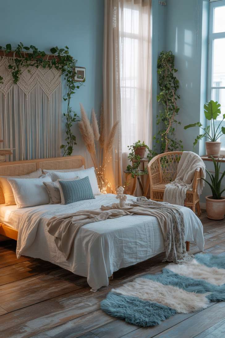 Light blue bohemian bedroom with macrame headboard and flowing sheer curtains