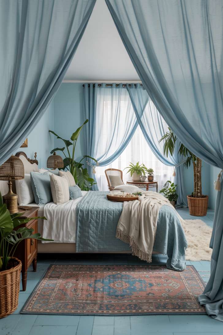 Pinterest-worthy light blue bedroom with vintage Persian rug and brass accents