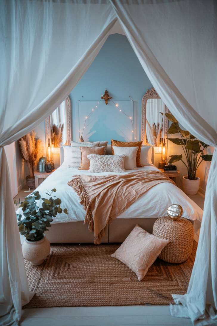 Dreamy light blue bohemian bedroom with flowing canopy bed and reading nook