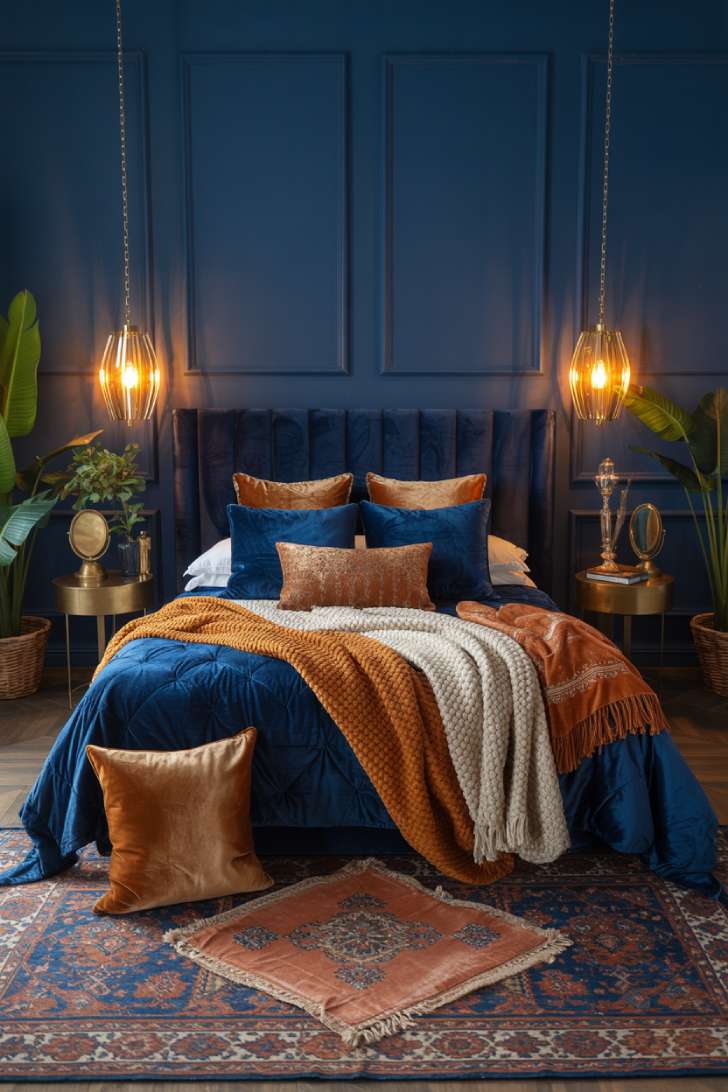 Luxurious navy blue bohemian bedroom with velvet headboard and golden brass details