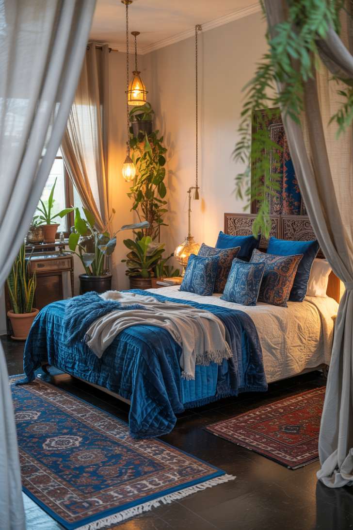 Bohemian bedroom with navy and sapphire accents on low platform bed