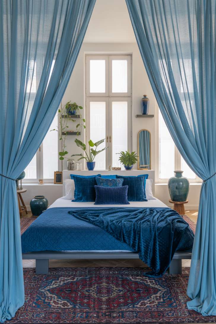 Bohemian bedroom featuring sapphire accents and floating shelves with plants