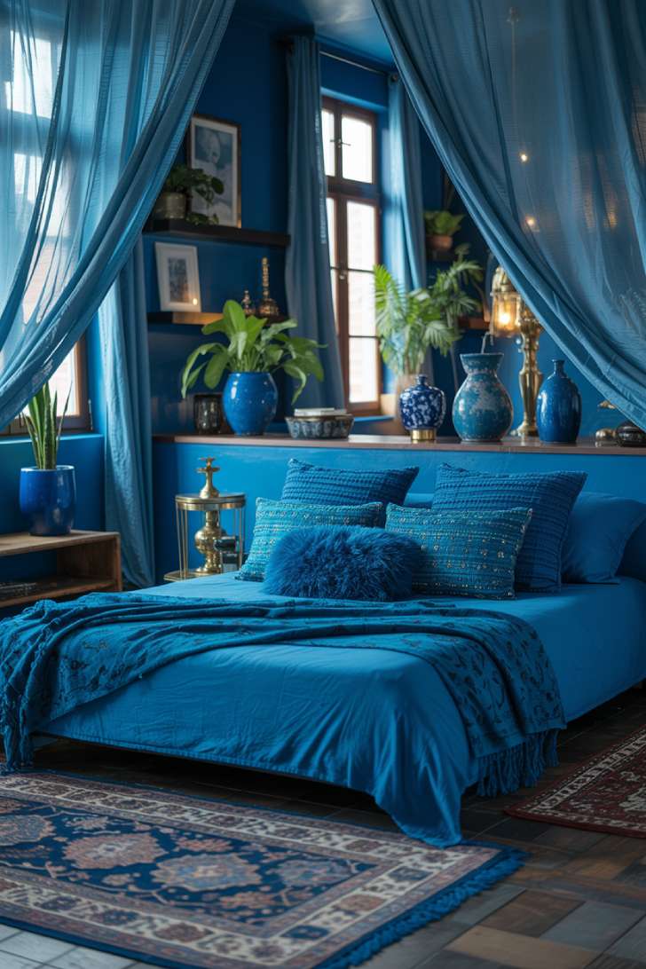 Bohemian bedroom with rich blue decor and ceramic vases collection