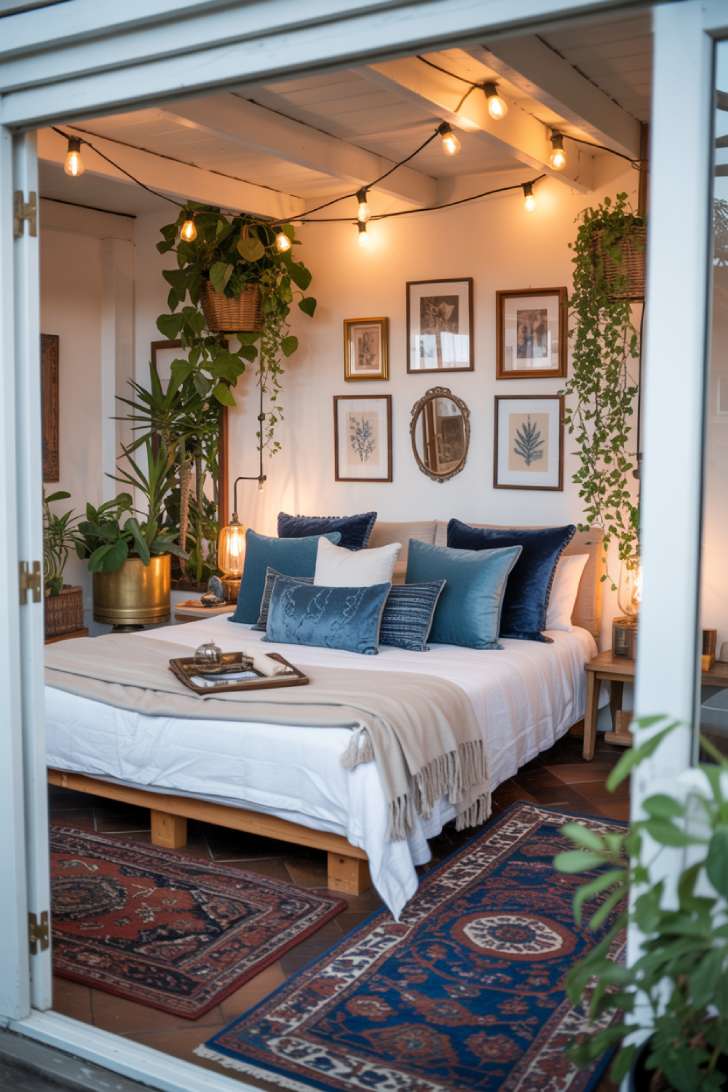 Dreamy bohemian bedroom with Edison bulb string lights and navy pillows