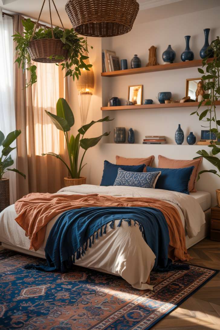 Bohemian bedroom with hanging plants and navy blue ceramic collection