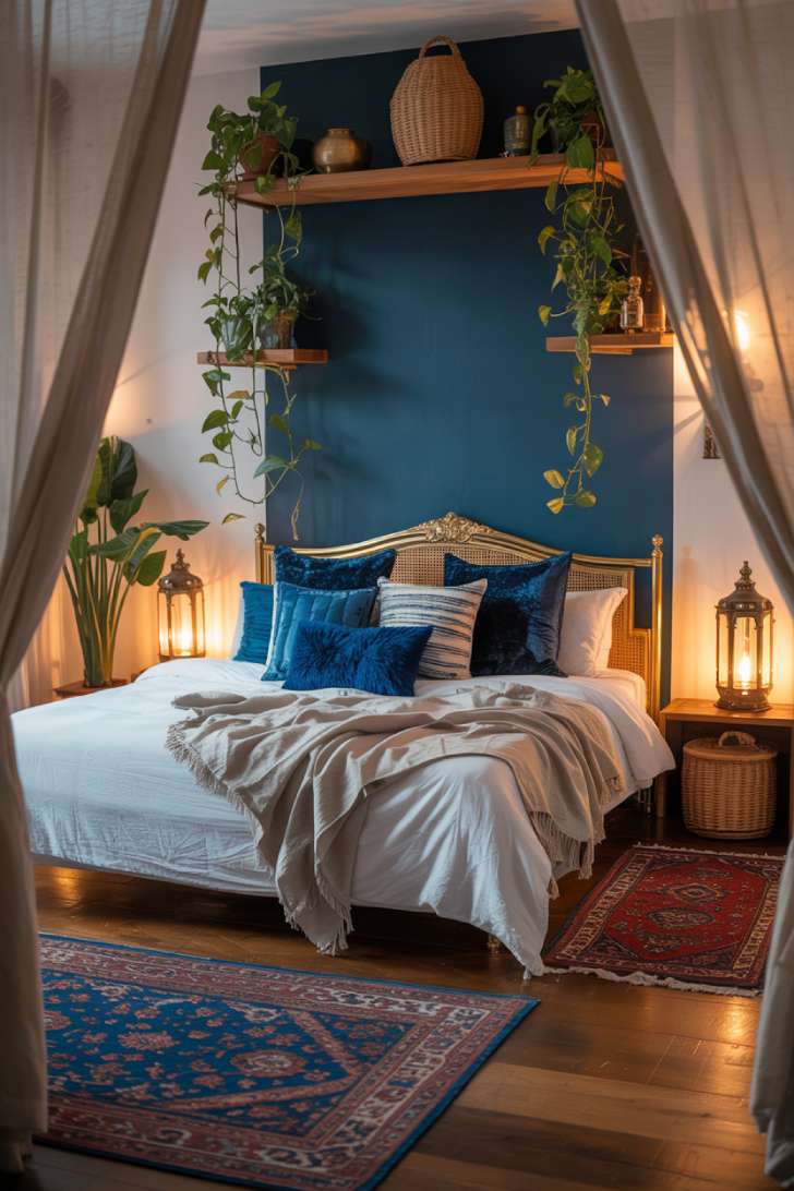 Luxurious bohemian bedroom with navy accent wall and brass headboard