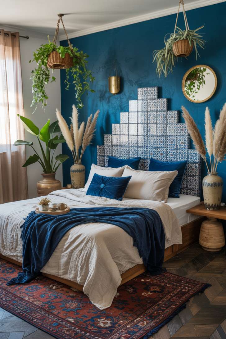 Bohemian bedroom with Moroccan geometric tile accent wall and navy velvet pillows