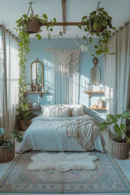 A blue bohemian bedroom decor