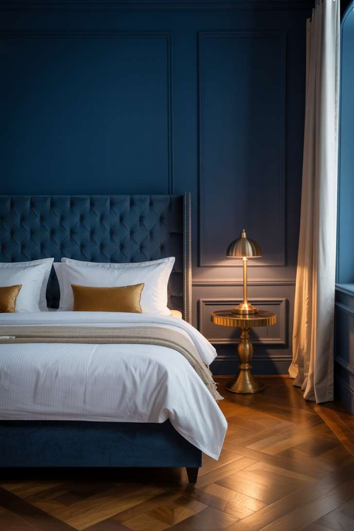 15 Charming Blue Guest Bedroom Ideas for Warm Welcomes 1 Luxurious navy blue guest bedroom with a tufted midnight blue velvet headboard, white bedding, gold throw pillows, and a brass lamp on herringbone hardwood floors