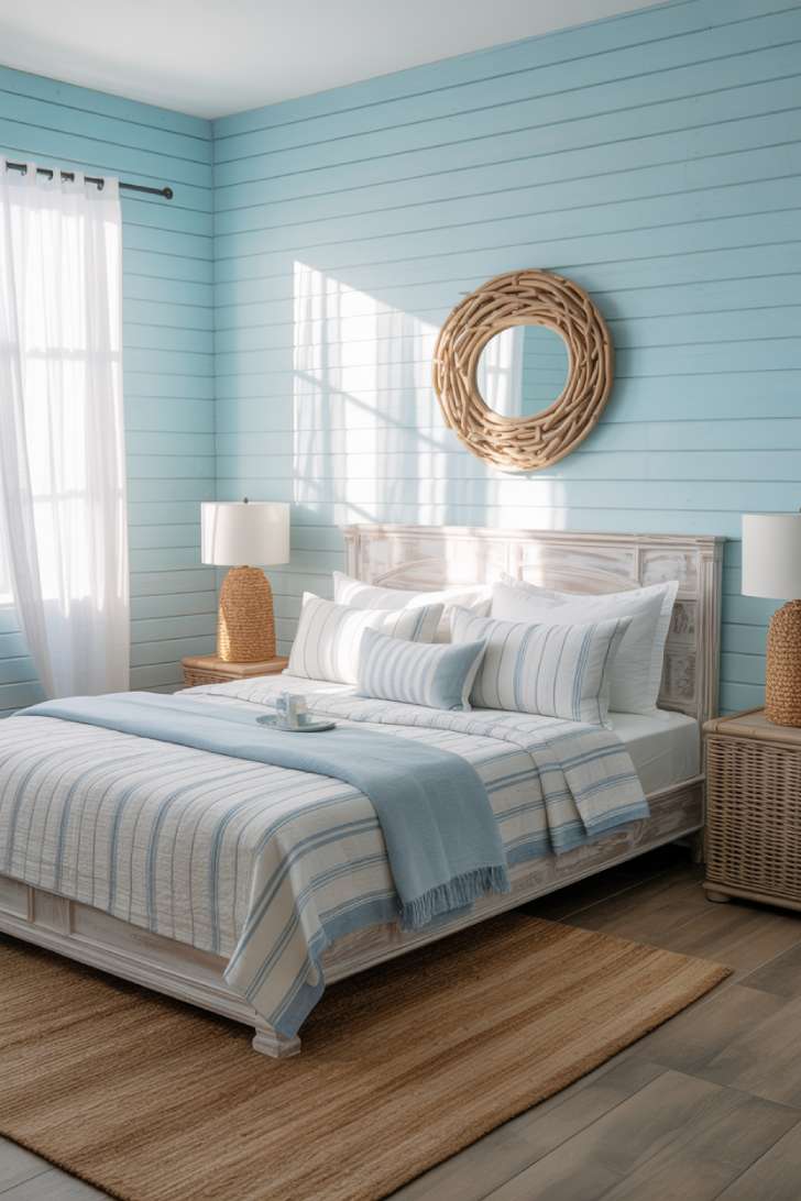 15 Charming Blue Guest Bedroom Ideas for Warm Welcomes 2 Bright coastal guest bedroom with sky-blue shiplap walls, whitewashed wood bed, striped linen bedding, rattan nightstands, and a driftwood mirror