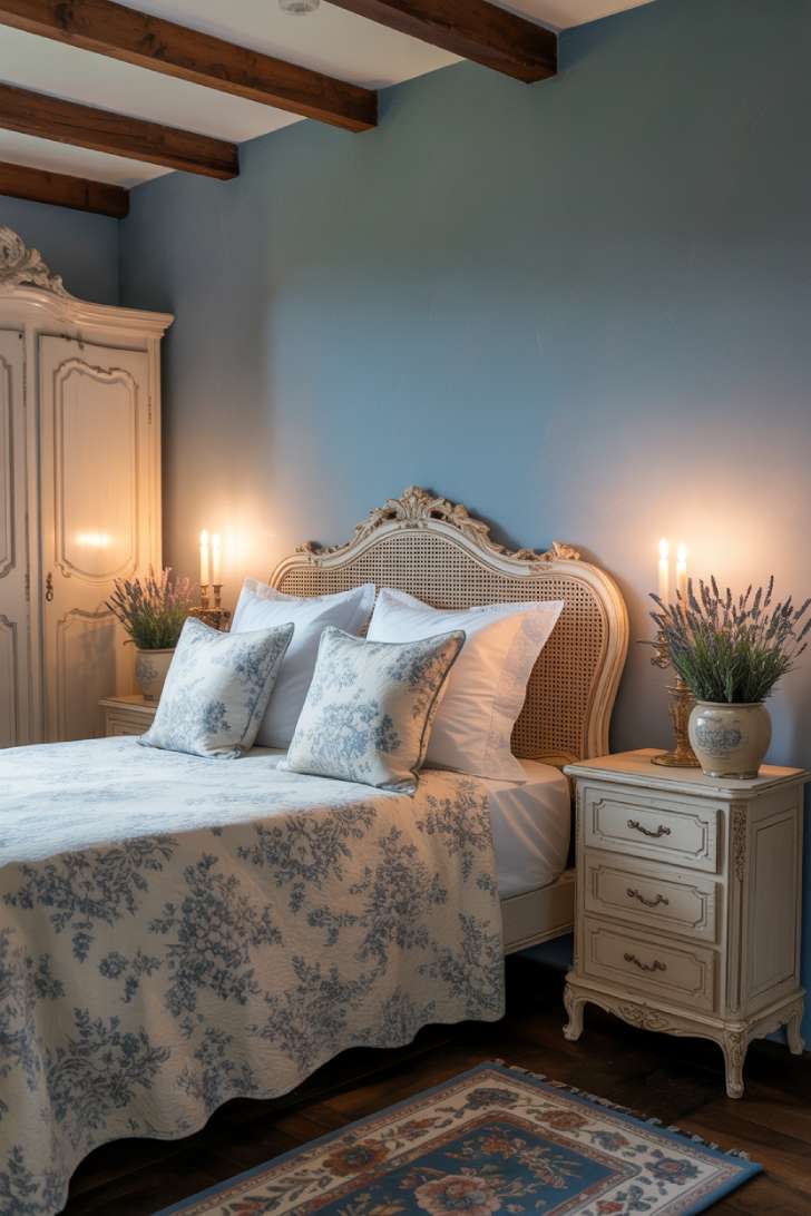 15 Charming Blue Guest Bedroom Ideas for Warm Welcomes 3 French country guest bedroom with dusty blue walls, white carved wood bed, toile bedding, antique armoire, and exposed ceiling beams