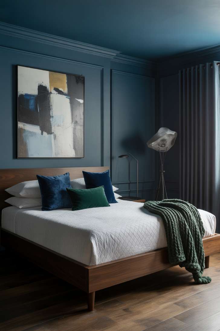 15 Charming Blue Guest Bedroom Ideas for Warm Welcomes 4 Moody slate blue guest bedroom with ceiling-to-floor walls, dark walnut platform bed, jewel-toned velvet pillows, and an oversized abstract painting