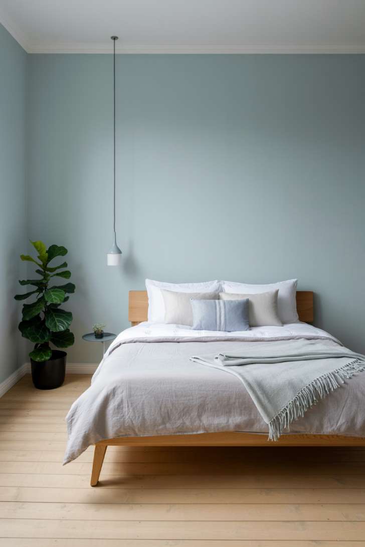 15 Charming Blue Guest Bedroom Ideas for Warm Welcomes 5 Minimalist Scandinavian guest bedroom with pale powder blue walls, low-profile wood bed, white and gray linen bedding, a fiddle leaf fig, and birch floors