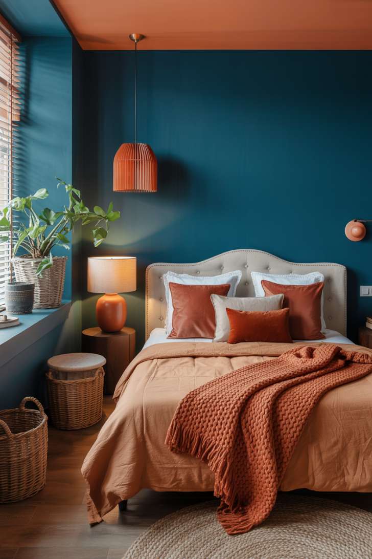 15 Charming Blue Guest Bedroom Ideas for Warm Welcomes 7 Stylish guest bedroom with deep teal walls, terracotta orange accents, beige linen bed, rust throw pillows, and a trailing plant on the windowsill