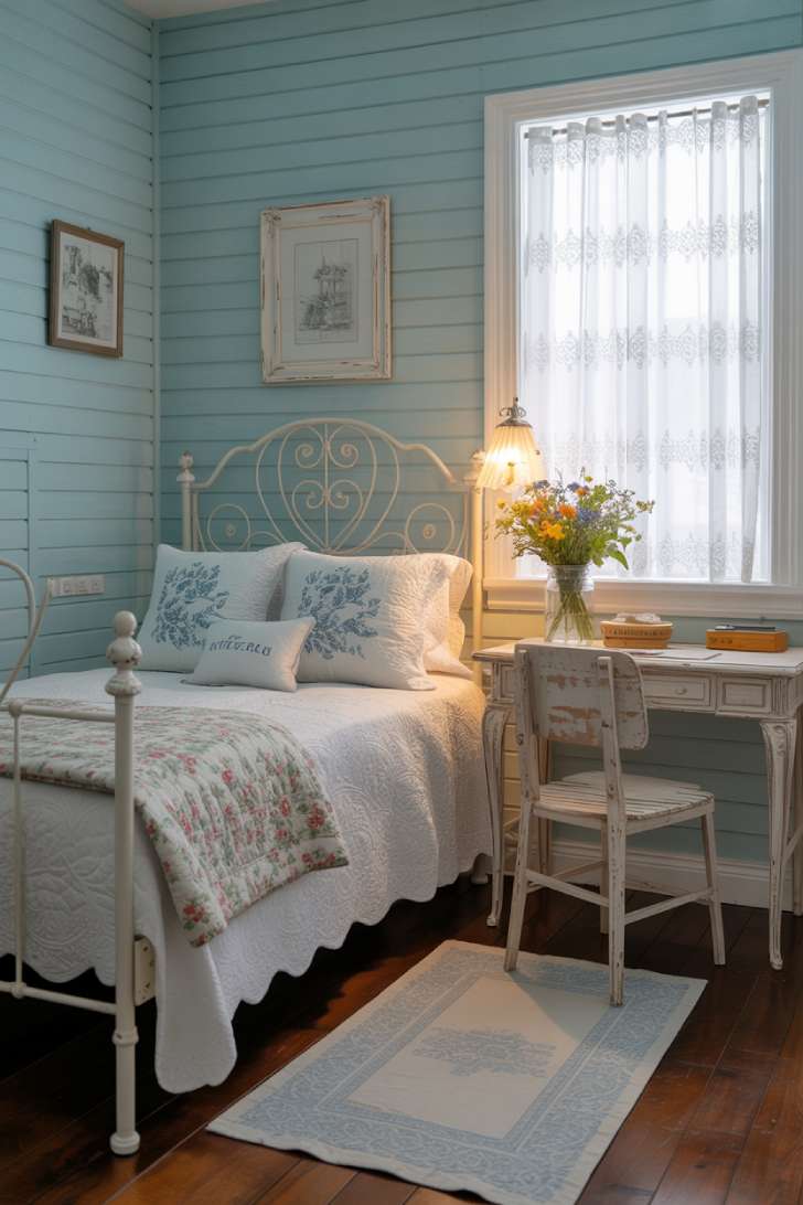 15 Charming Blue Guest Bedroom Ideas for Warm Welcomes 8 Charming cottage guest bedroom with soft baby blue shiplap walls, white wrought iron bed, ruffled duvet, lace curtains, and wildflowers in a mason jar