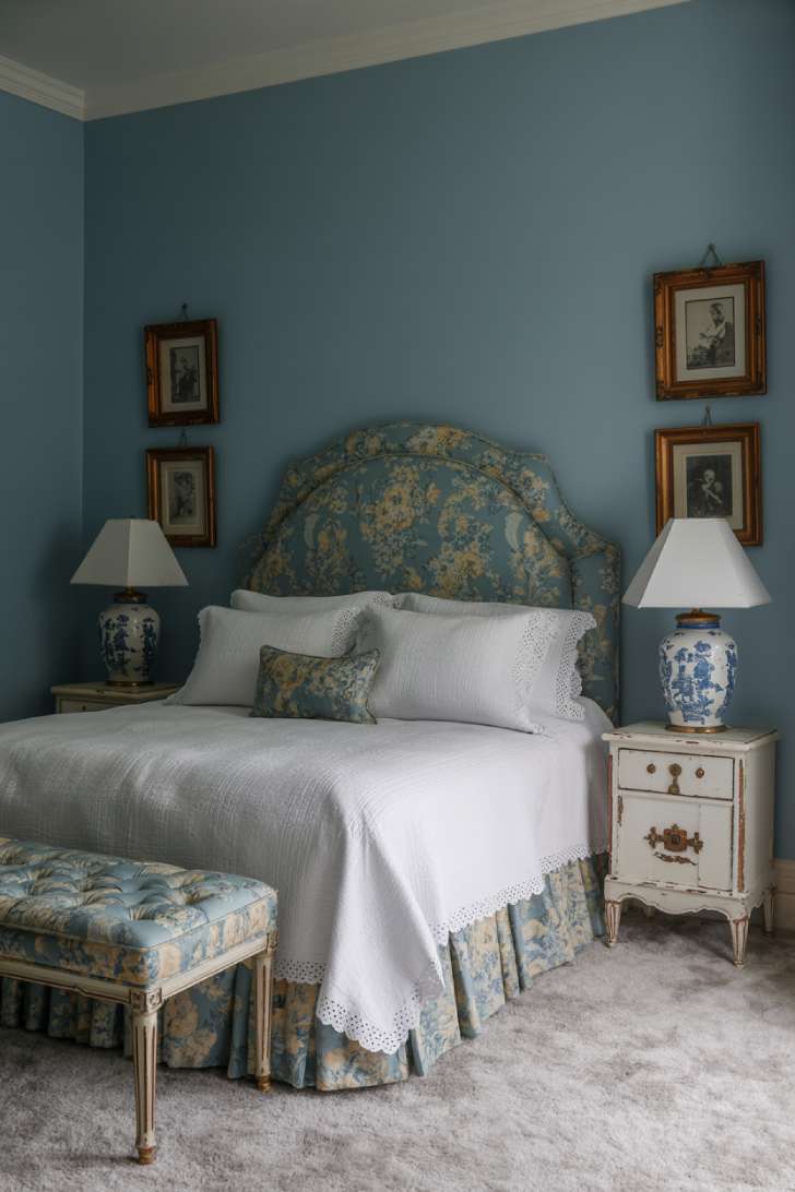 15 Charming Blue Guest Bedroom Ideas for Warm Welcomes 10 Grandmillennial guest bedroom with dusty blue walls, floral chintz headboard, white eyelet bedding, antique brass frames, chinoiserie lamps, and cream carpet