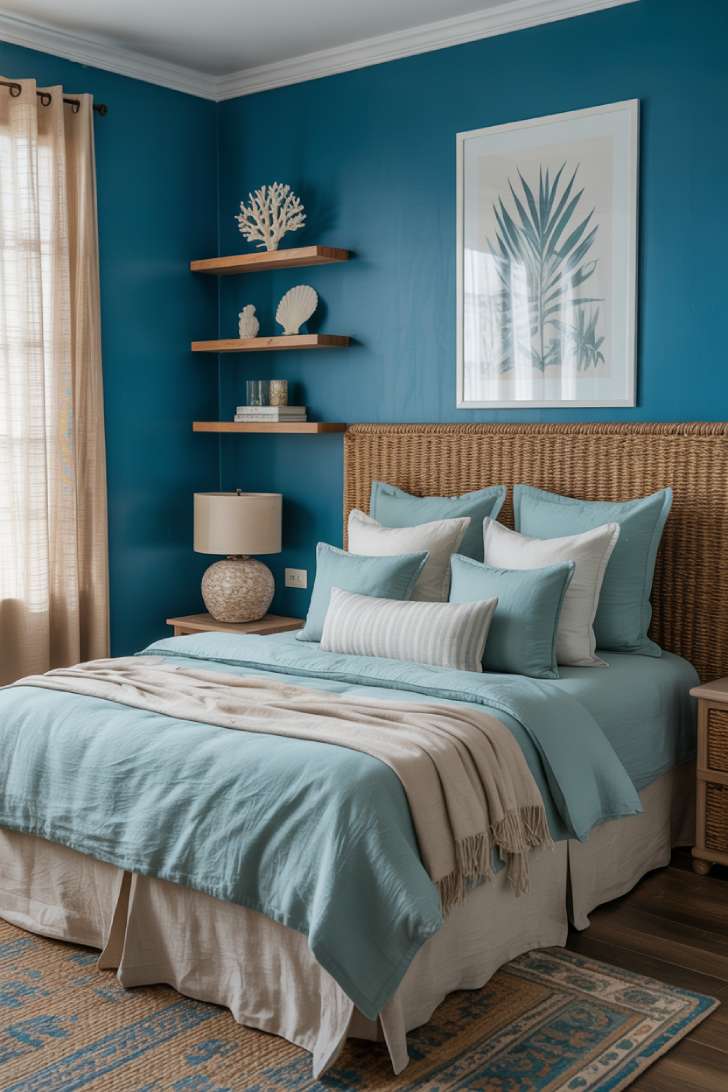 15 Charming Blue Guest Bedroom Ideas for Warm Welcomes 11 Ocean-inspired guest bedroom with deep teal walls, linen bed, aqua and seafoam bedding, shell accents on shelves, and a woven seagrass headboard