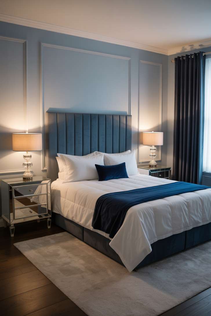 15 Charming Blue Guest Bedroom Ideas for Warm Welcomes 12 Boutique hotel-inspired guest bedroom with ice blue lacquered walls, channel-tufted blue velvet headboard, white hotel bedding, mirrored nightstands, and crystal lamps