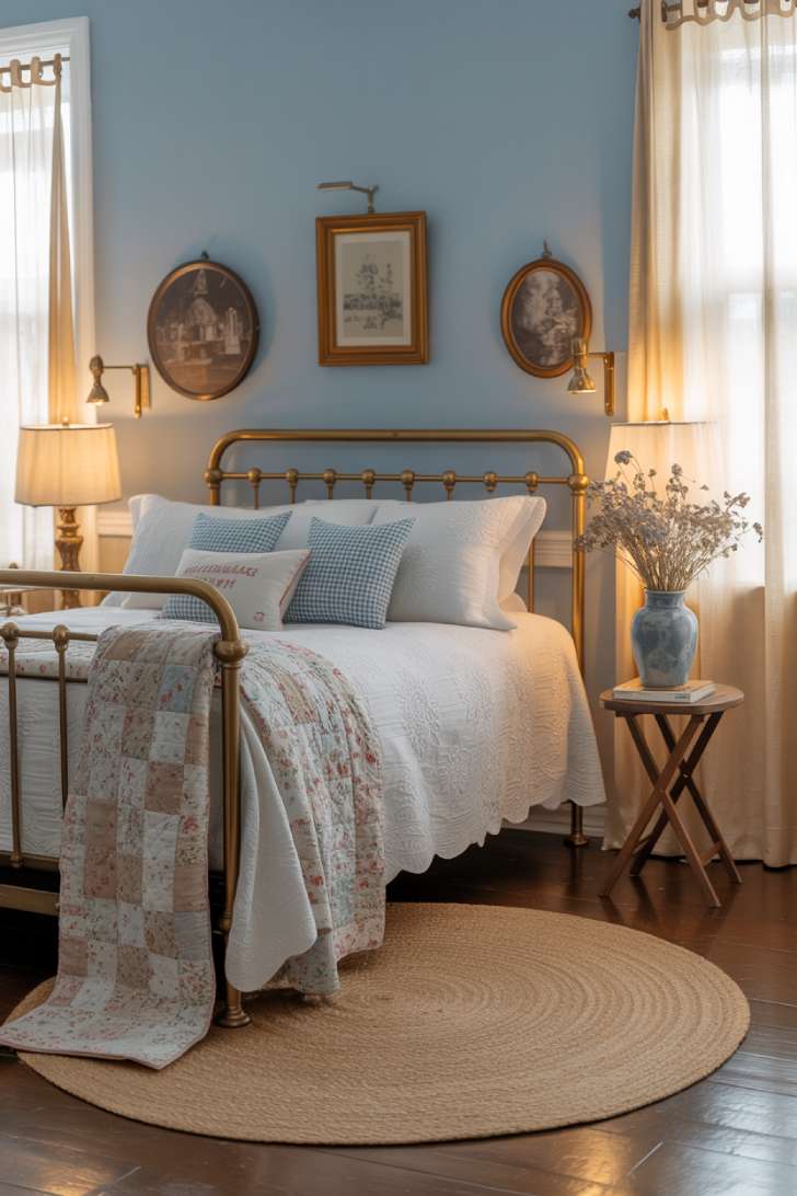 15 Charming Blue Guest Bedroom Ideas for Warm Welcomes 13 Dreamy cottagecore guest bedroom with periwinkle blue walls, vintage brass bed, white eyelet duvet, gingham pillows, dried wildflowers, and a patchwork quilt