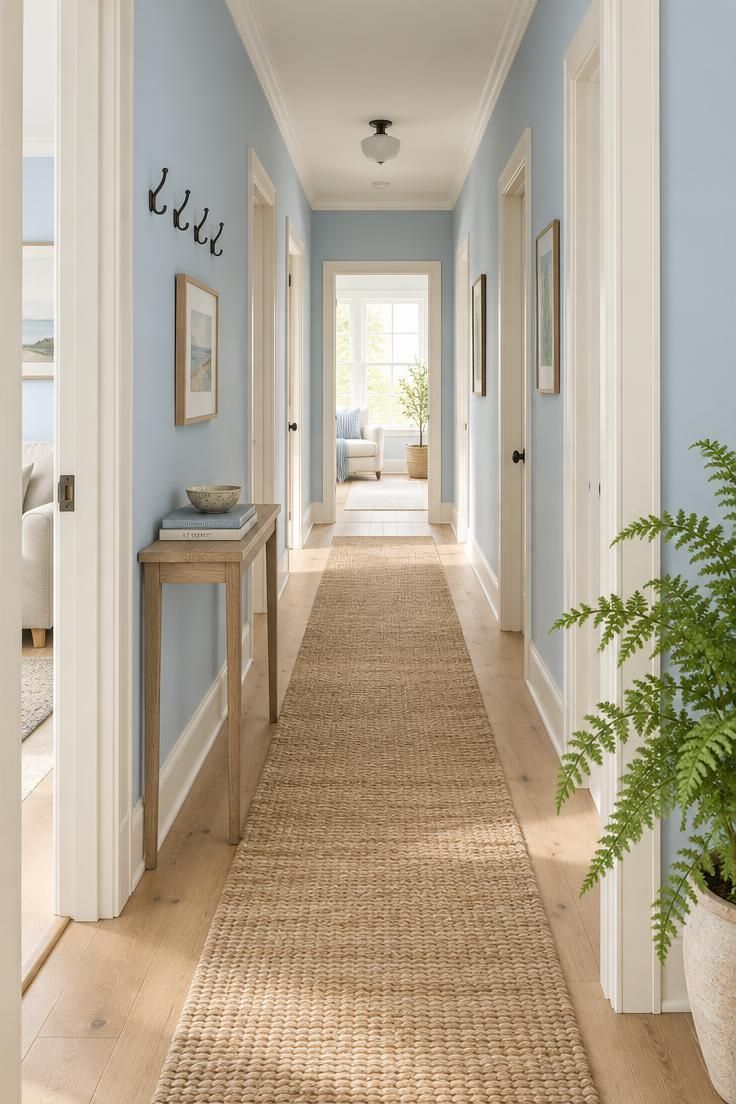 13 Brilliant Blue Hallway Ideas to Warm Your Entry 1 Bright hallway with pale powder blue walls, warm off-white trim, a natural jute runner over light oak flooring, black metal hooks, and daylight pouring in from one end.
