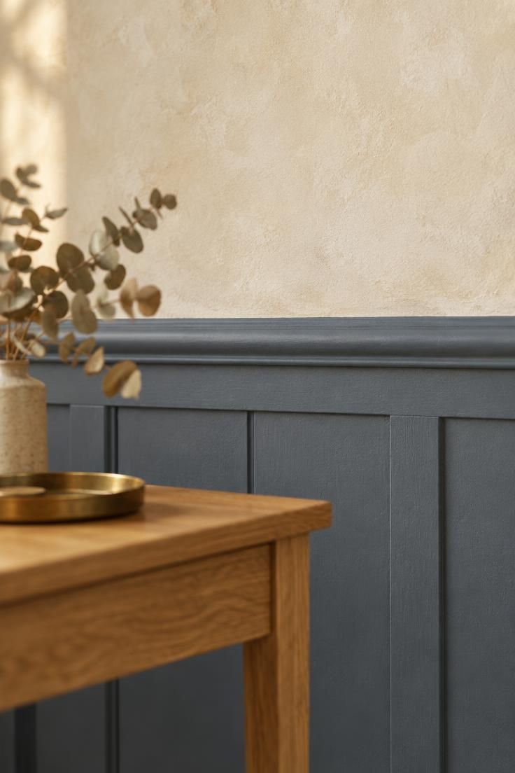 13 Brilliant Blue Hallway Ideas to Warm Your Entry 3 Hallway wall with slate gray-blue wainscot below a chair rail and pale limewash-look plaster above, with a slim oak console in soft focus and warm light.