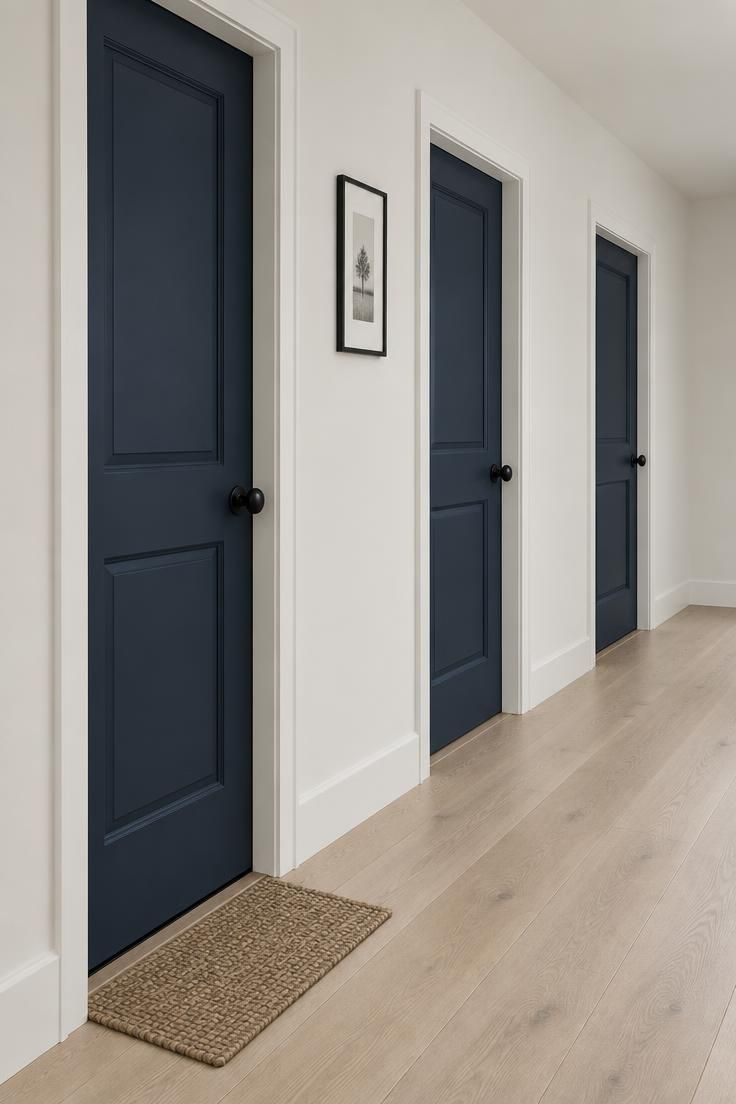 13 Brilliant Blue Hallway Ideas to Warm Your Entry 4 Neutral warm-white hallway wall with a run of three navy-painted panel doors, black metal knobs, pale oak flooring, and a slim framed print between doors.