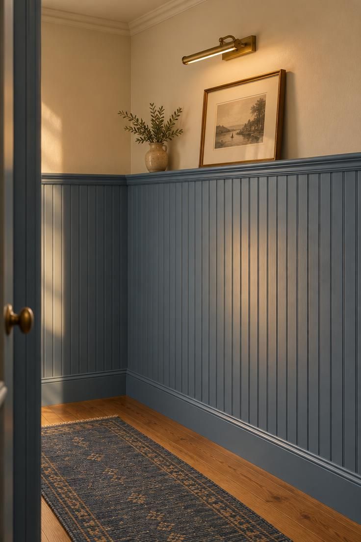 13 Brilliant Blue Hallway Ideas to Warm Your Entry 5 Hallway with vertical beadboard paneling painted mid-blue up to a picture rail, warm off-white plaster above, a brass picture light, and a flatweave runner on a narrow wood floor.